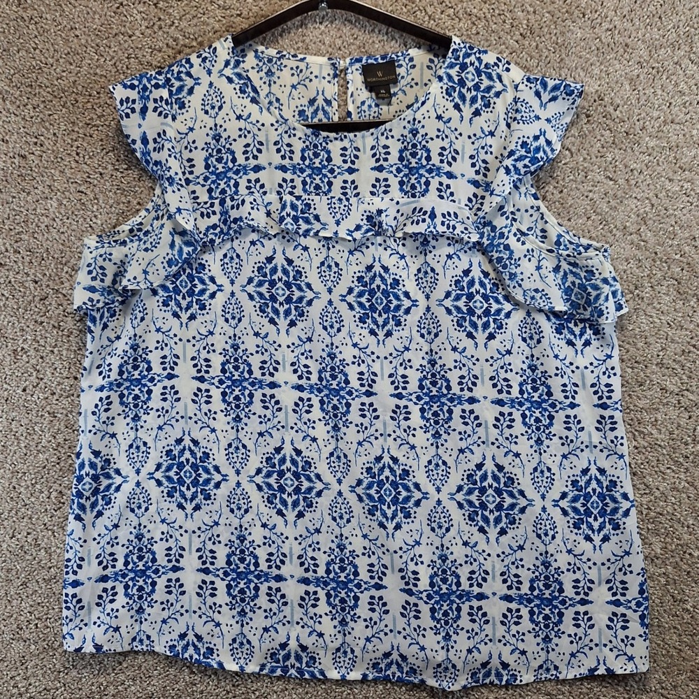 Worthington Top Women XL Blue Floral Ruffle Sleeveless Blouse Geometric‎ Pattern